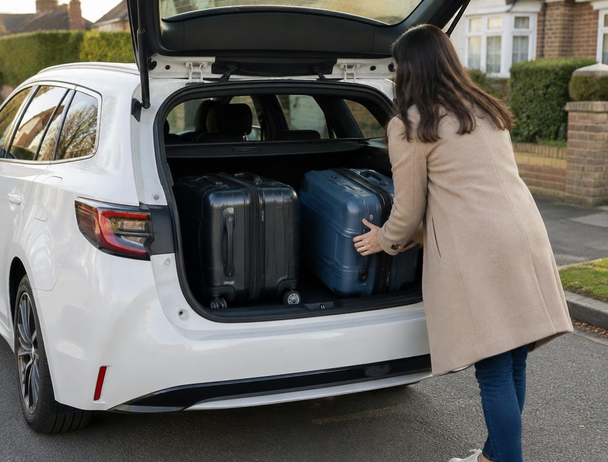 Suitcases being loaded into a white Toyota Corolla estate